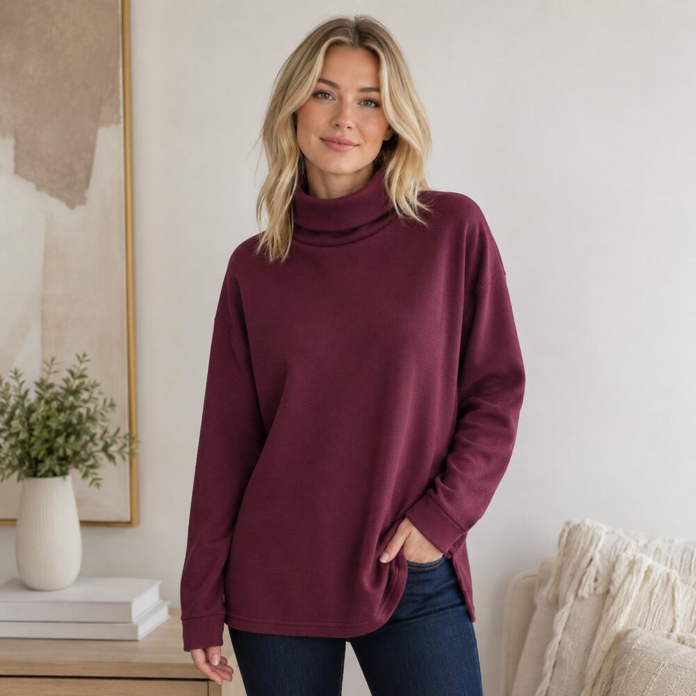 Land’s End burgundy waffle knit cowl neck long sleeve top Large cozy ski